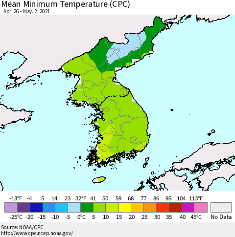 Korea Mean Minimum Temperature (CPC) Thematic Map For 4/26/2021 - 5/2/2021