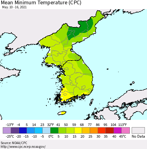 Korea Mean Minimum Temperature (CPC) Thematic Map For 5/10/2021 - 5/16/2021