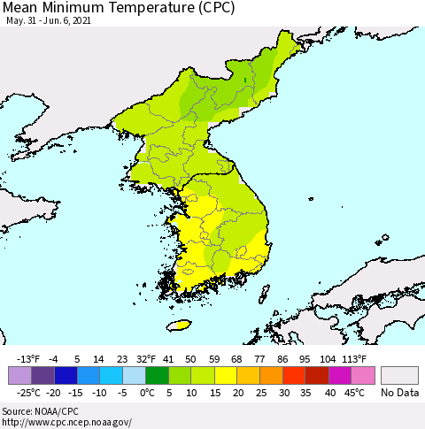 Korea Mean Minimum Temperature (CPC) Thematic Map For 5/31/2021 - 6/6/2021