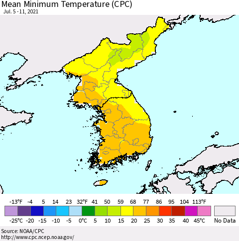 Korea Mean Minimum Temperature (CPC) Thematic Map For 7/5/2021 - 7/11/2021