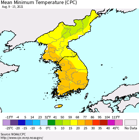 Korea Mean Minimum Temperature (CPC) Thematic Map For 8/9/2021 - 8/15/2021