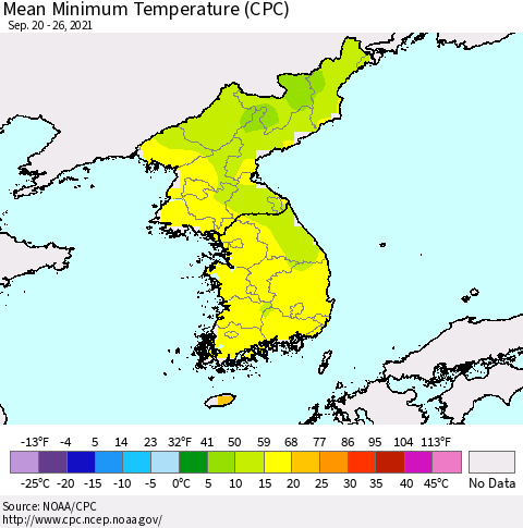 Korea Mean Minimum Temperature (CPC) Thematic Map For 9/20/2021 - 9/26/2021