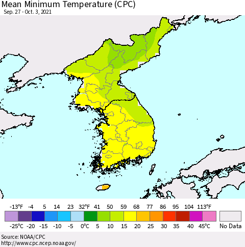 Korea Mean Minimum Temperature (CPC) Thematic Map For 9/27/2021 - 10/3/2021