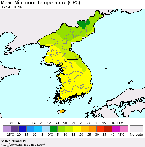Korea Mean Minimum Temperature (CPC) Thematic Map For 10/4/2021 - 10/10/2021