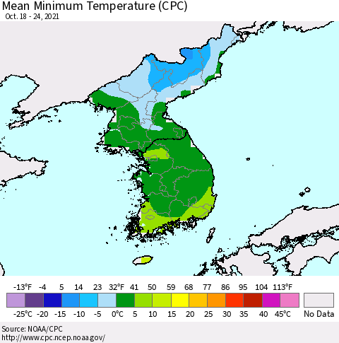 Korea Mean Minimum Temperature (CPC) Thematic Map For 10/18/2021 - 10/24/2021
