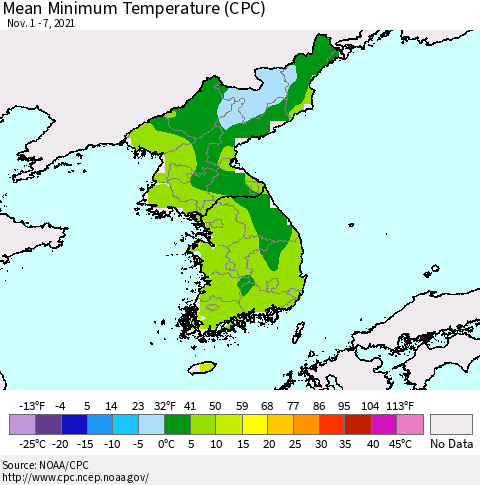 Korea Mean Minimum Temperature (CPC) Thematic Map For 11/1/2021 - 11/7/2021