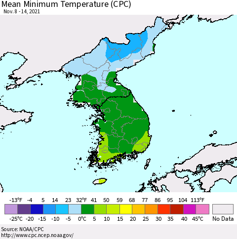Korea Mean Minimum Temperature (CPC) Thematic Map For 11/8/2021 - 11/14/2021
