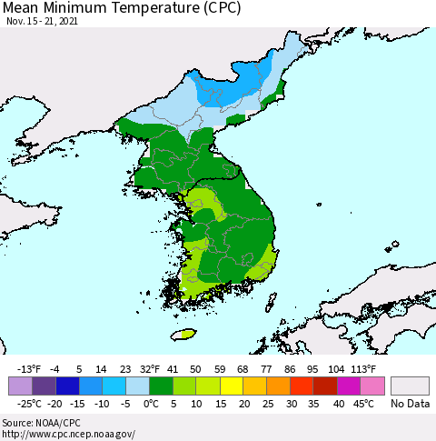 Korea Mean Minimum Temperature (CPC) Thematic Map For 11/15/2021 - 11/21/2021