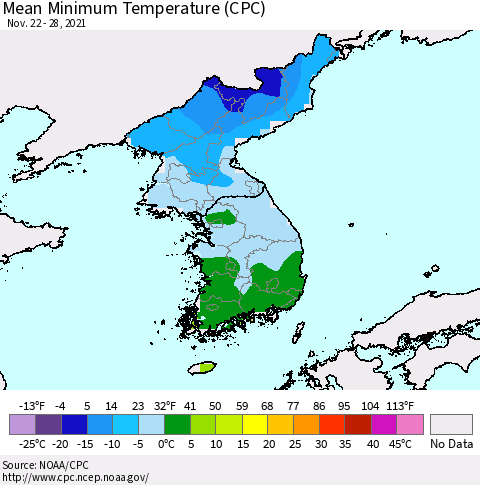 Korea Mean Minimum Temperature (CPC) Thematic Map For 11/22/2021 - 11/28/2021