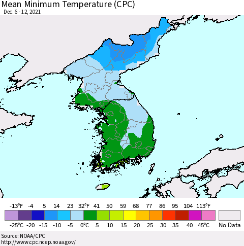 Korea Mean Minimum Temperature (CPC) Thematic Map For 12/6/2021 - 12/12/2021