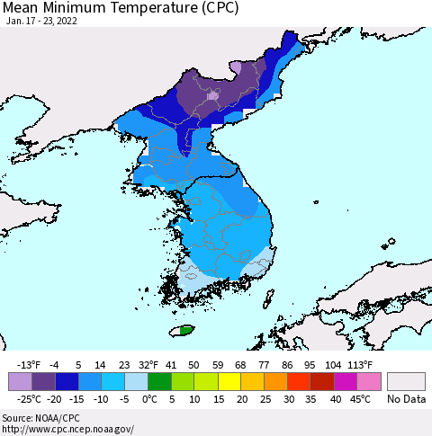 Korea Mean Minimum Temperature (CPC) Thematic Map For 1/17/2022 - 1/23/2022