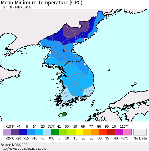 Korea Mean Minimum Temperature (CPC) Thematic Map For 1/31/2022 - 2/6/2022