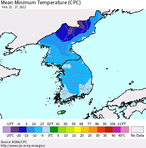 Korea Mean Minimum Temperature (CPC) Thematic Map For 2/21/2022 - 2/27/2022