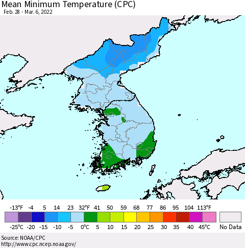 Korea Mean Minimum Temperature (CPC) Thematic Map For 2/28/2022 - 3/6/2022