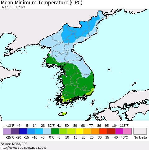 Korea Mean Minimum Temperature (CPC) Thematic Map For 3/7/2022 - 3/13/2022