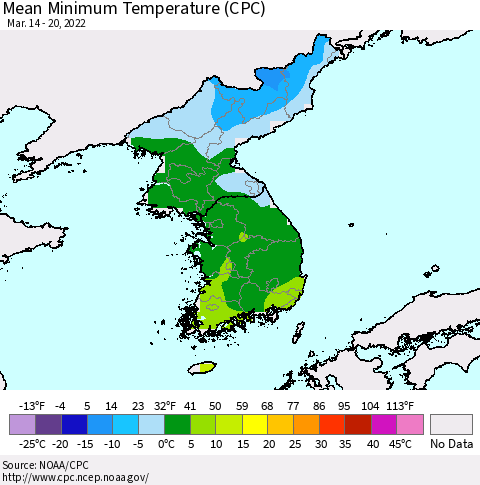 Korea Mean Minimum Temperature (CPC) Thematic Map For 3/14/2022 - 3/20/2022
