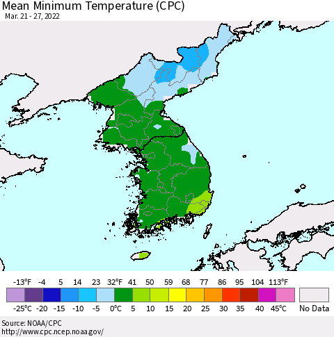 Korea Mean Minimum Temperature (CPC) Thematic Map For 3/21/2022 - 3/27/2022