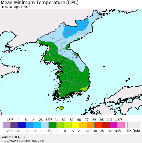 Korea Mean Minimum Temperature (CPC) Thematic Map For 3/28/2022 - 4/3/2022