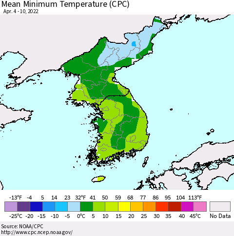 Korea Minimum Temperature (CPC) Thematic Map For 4/4/2022 - 4/10/2022