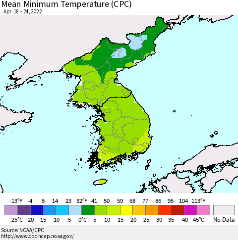 Korea Minimum Temperature (CPC) Thematic Map For 4/18/2022 - 4/24/2022