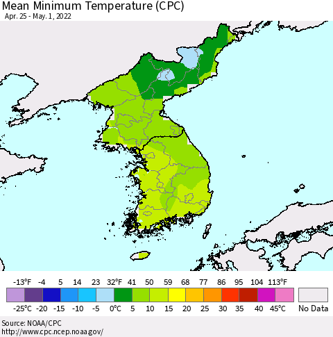 Korea Mean Minimum Temperature (CPC) Thematic Map For 4/25/2022 - 5/1/2022