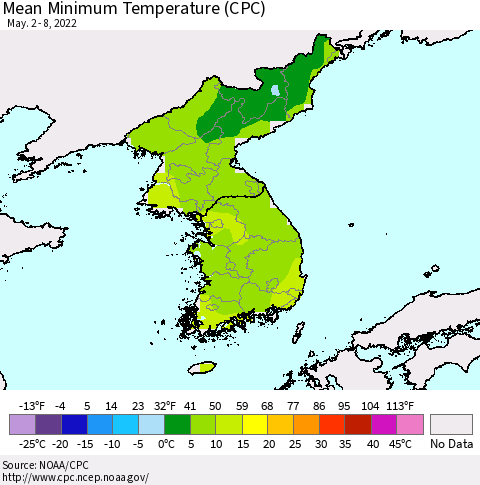 Korea Minimum Temperature (CPC) Thematic Map For 5/2/2022 - 5/8/2022