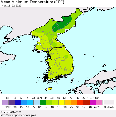 Korea Minimum Temperature (CPC) Thematic Map For 5/16/2022 - 5/22/2022