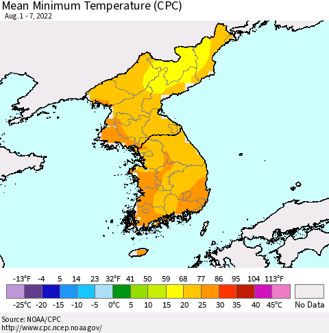 Korea Mean Minimum Temperature (CPC) Thematic Map For 8/1/2022 - 8/7/2022