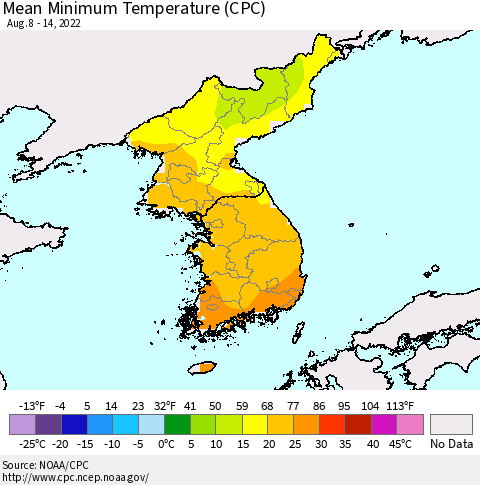 Korea Minimum Temperature (CPC) Thematic Map For 8/8/2022 - 8/14/2022