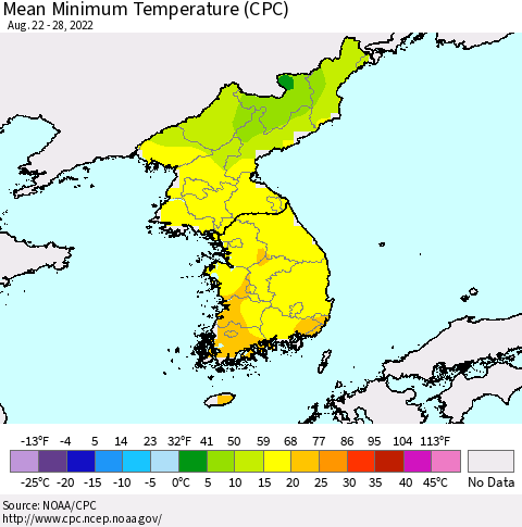 Korea Mean Minimum Temperature (CPC) Thematic Map For 8/22/2022 - 8/28/2022