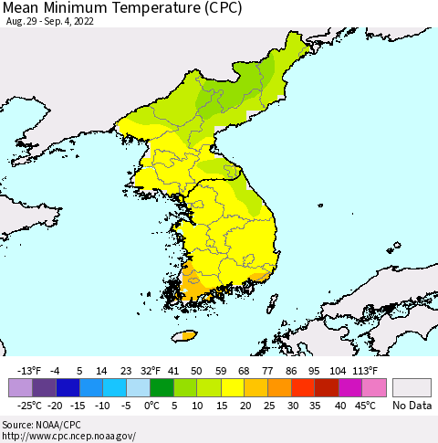 Korea Minimum Temperature (CPC) Thematic Map For 8/29/2022 - 9/4/2022