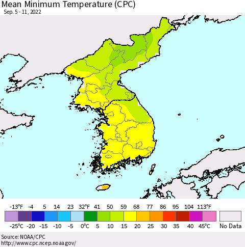 Korea Minimum Temperature (CPC) Thematic Map For 9/5/2022 - 9/11/2022