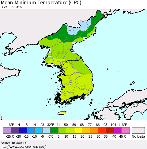 Korea Mean Minimum Temperature (CPC) Thematic Map For 10/3/2022 - 10/9/2022