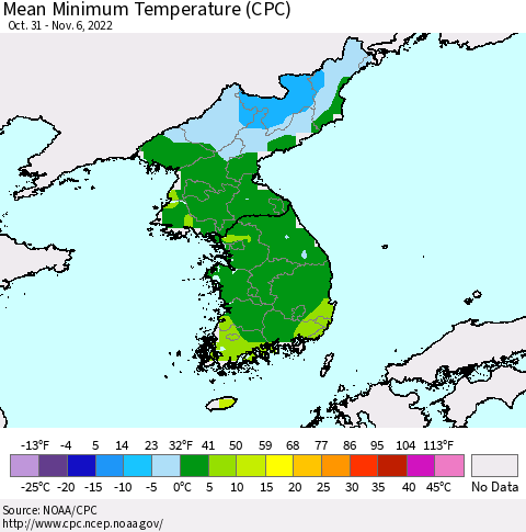 Korea Mean Minimum Temperature (CPC) Thematic Map For 10/31/2022 - 11/6/2022