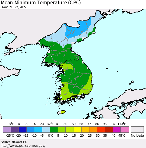 Korea Mean Minimum Temperature (CPC) Thematic Map For 11/21/2022 - 11/27/2022