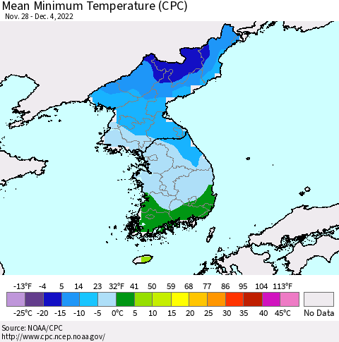 Korea Mean Minimum Temperature (CPC) Thematic Map For 11/28/2022 - 12/4/2022