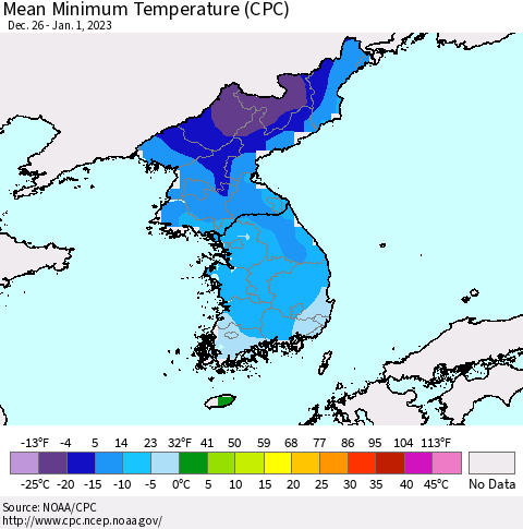 Korea Mean Minimum Temperature (CPC) Thematic Map For 12/26/2022 - 1/1/2023