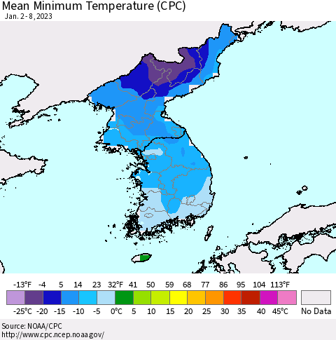 Korea Mean Minimum Temperature (CPC) Thematic Map For 1/2/2023 - 1/8/2023