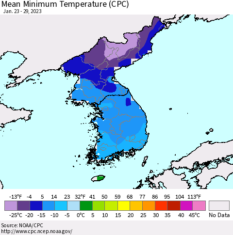 Korea Mean Minimum Temperature (CPC) Thematic Map For 1/23/2023 - 1/29/2023