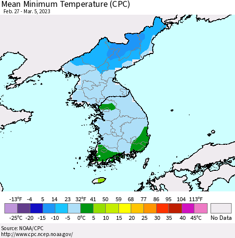 Korea Mean Minimum Temperature (CPC) Thematic Map For 2/27/2023 - 3/5/2023