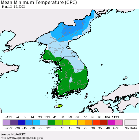 Korea Mean Minimum Temperature (CPC) Thematic Map For 3/13/2023 - 3/19/2023