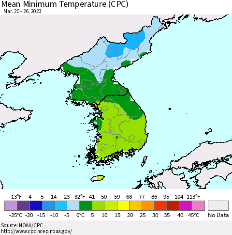 Korea Mean Minimum Temperature (CPC) Thematic Map For 3/20/2023 - 3/26/2023
