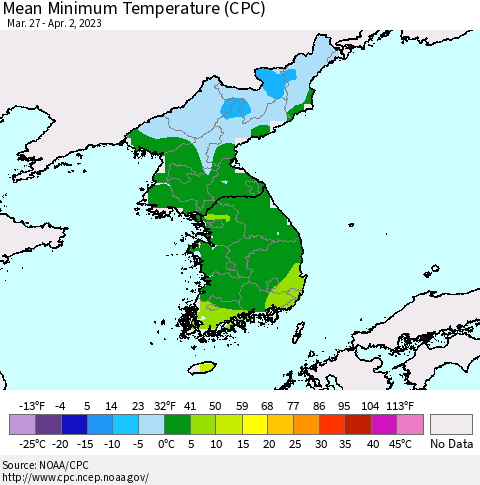 Korea Mean Minimum Temperature (CPC) Thematic Map For 3/27/2023 - 4/2/2023