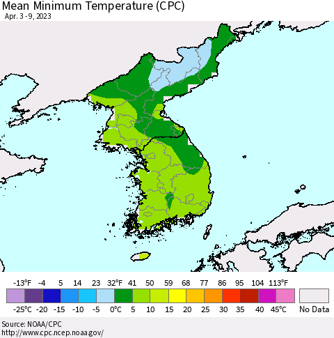 Korea Mean Minimum Temperature (CPC) Thematic Map For 4/3/2023 - 4/9/2023