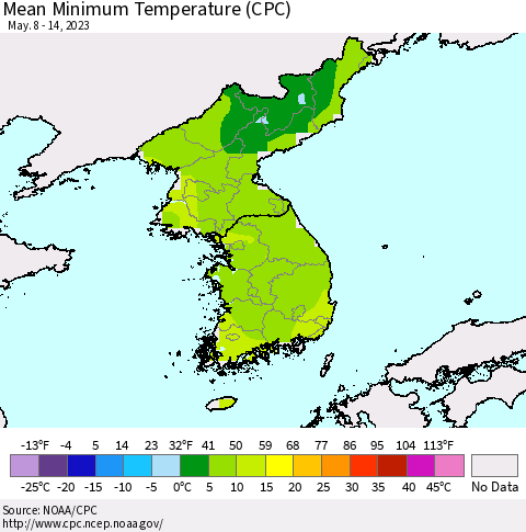 Korea Mean Minimum Temperature (CPC) Thematic Map For 5/8/2023 - 5/14/2023