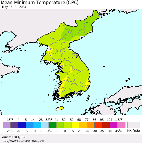 Korea Mean Minimum Temperature (CPC) Thematic Map For 5/15/2023 - 5/21/2023