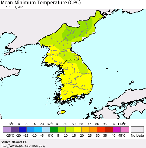 Korea Mean Minimum Temperature (CPC) Thematic Map For 6/5/2023 - 6/11/2023
