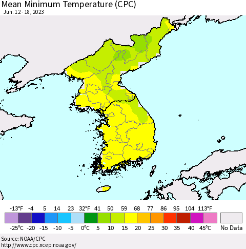 Korea Mean Minimum Temperature (CPC) Thematic Map For 6/12/2023 - 6/18/2023