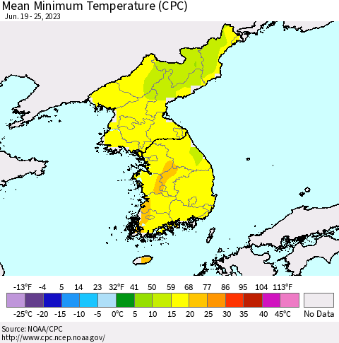 Korea Mean Minimum Temperature (CPC) Thematic Map For 6/19/2023 - 6/25/2023