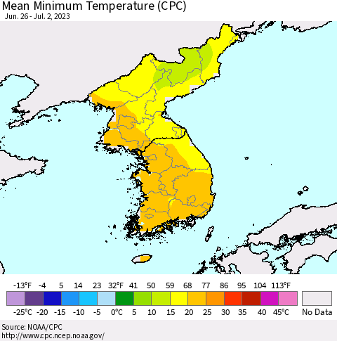 Korea Mean Minimum Temperature (CPC) Thematic Map For 6/26/2023 - 7/2/2023